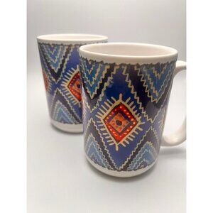 2 Coffee Mugs Indian Blanket Motif  by Donna Polivka Blue Orange Southwestern